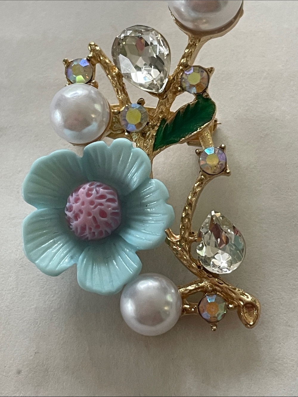 Fashion Flower Pearl & Crystal Brooch - Light Blue Floral Accent 2”
